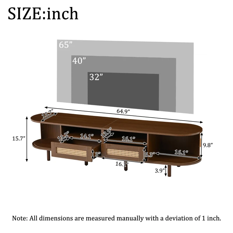 Modern TV Stand with 2 Rattan Drawers and 2 Sliding Doors, Rounded-Corner TV Cabinet with Centre Rattan Panel, 65" L x 15.5" W x 15.5" H, Walnut