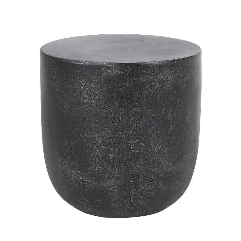 Outdoor Lightweight Concrete Side Table with Fluted Cylindrical Base, Modern Accent Table with Soft Wave Edge, 15.5'' L x 15.5'' W x 16'' H, Matte Black