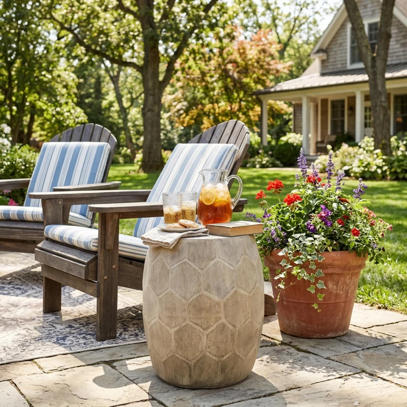 Outdoor Lightweight Concrete Side Table with Subtly Fluted Cylindrical Base, Cylindrical Accent Table with Soft Wave Edge, 14.5'' L x 14.5'' W x 19'' H, Natural