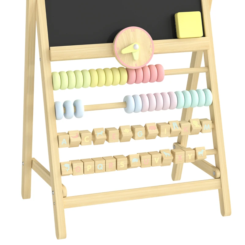Qaba Wooden Kids Art Easel with Double-Sided Chalkboard, Clock, Abacus, Blackboard Eraser for Painting, for Ages 2+, Natural