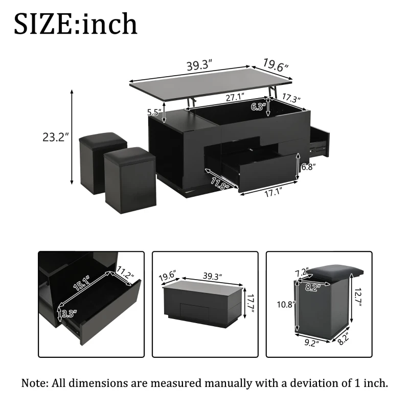 4-in-1 Coffee Table with Height-Adjustable Hydraulic Lift, Versatile Center Table with 2 Soft-Close Drawers, 39.5" L x 19.5" W x 23" H, Black