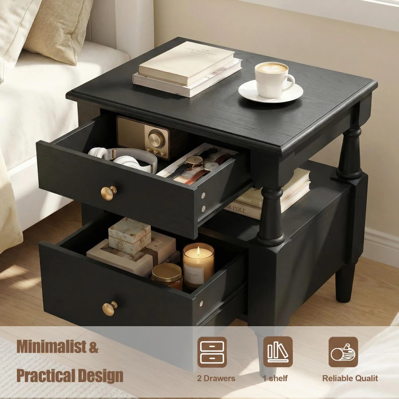 Wooden Nightstand with Drawers and Open Shelf, Natural-Textured Bedside Table with Non-Slip Feet, 19'' L x 15'' W x 22.5'' H, Black
