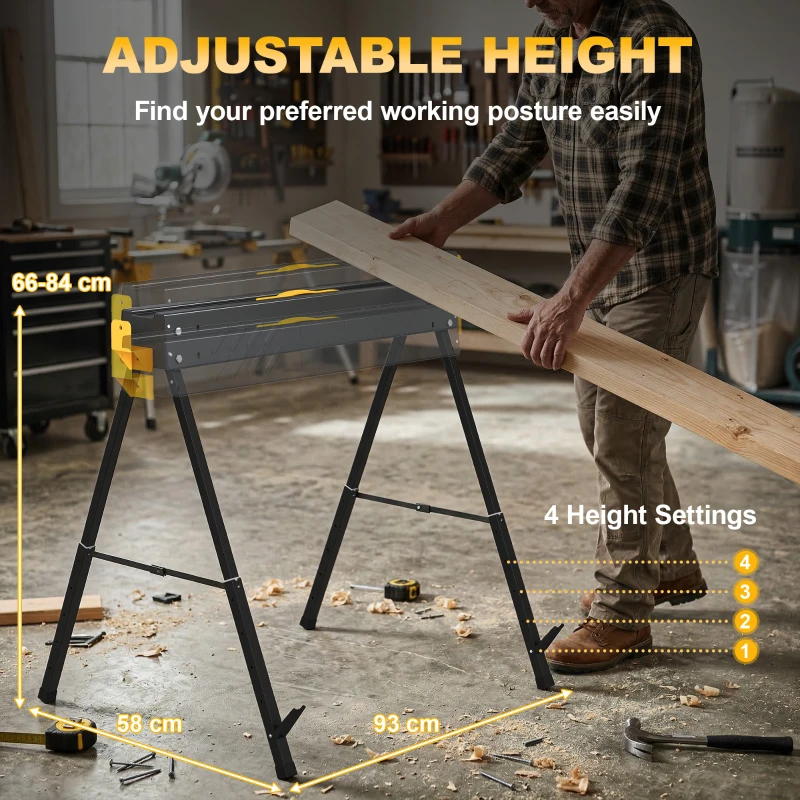 HOMCOM Mitre Saw Stands, Sawhorses with Height Adjustable Legs, 2x4 Bracket, Carry Handle, Black