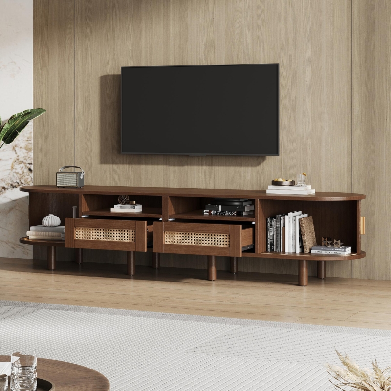 Modern TV Stand with 2 Rattan Drawers and 2 Sliding Doors, Rounded-Corner TV Cabinet with Centre Rattan Panel, 65" L x 15.5" W x 15.5" H, Walnut