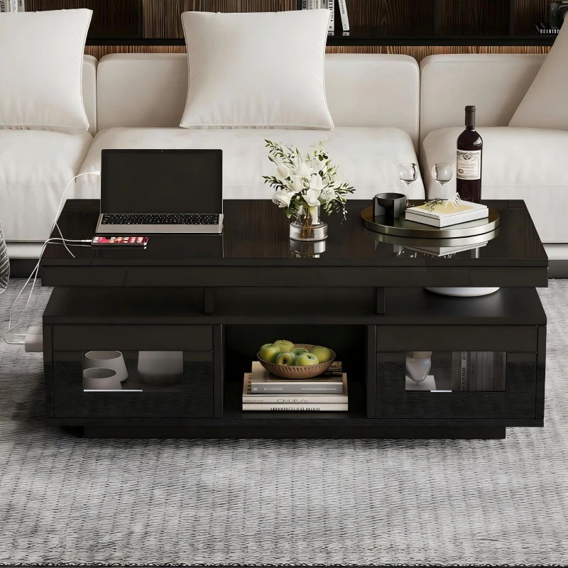 High Gloss Coffee Table with App-Controlled LED Light Strip, Functional Center Table with 2 Soft-Close Acrylic Cabinets, 39.5" L x 19.5" W x 17" H, Black