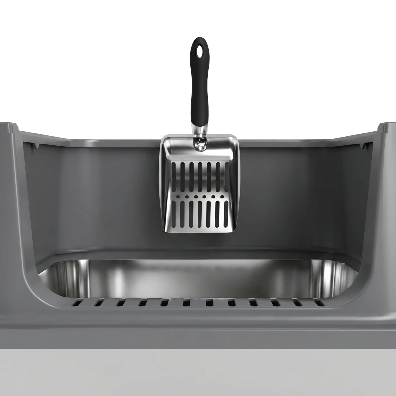 PawHut XL Stainless Steel Cat Litter Box for Big and Multiple Cats with High Wall Side, Scoop, Easy Cleaning & Odor Free