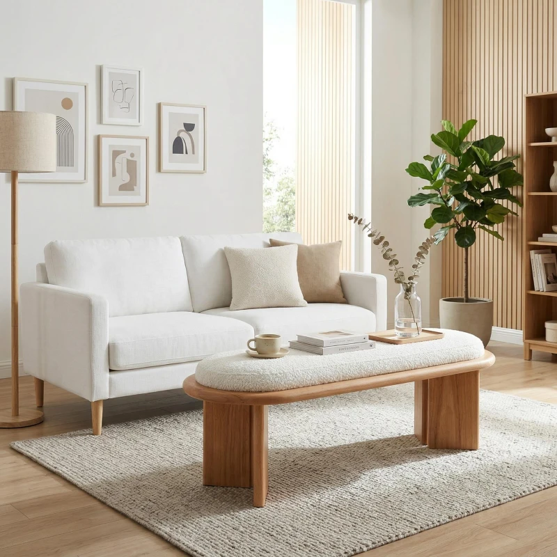 Solid Wood End-of-Bed Bench with High-Resilience Foam, Space-Saving Hallway Seating with Solid Wood Frame, 47'' L x 17.5'' W x 17'' H, Natural Wood