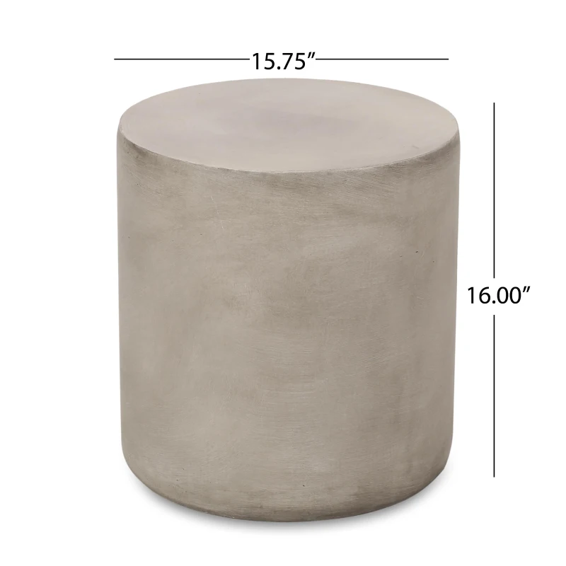 Outdoor Round Side Table with Lightweight Concrete, Patio Accent Table with Durable Smooth Finish, 15.5'' L x 15.5'' W x 16'' H, Light Grey