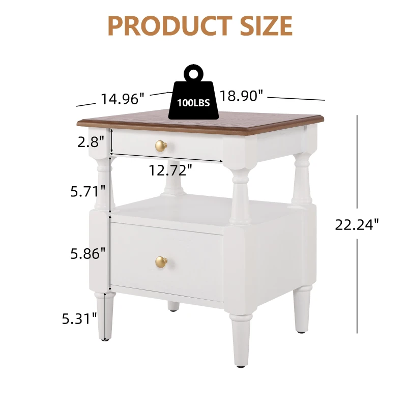 Set of 2 Modern Nightstand with Drawers and Open Shelves, Wooden Bedside Tables with Non‑Slip Rubber Feet, 19'' L x 15'' W x 22.5'' H, Milk White