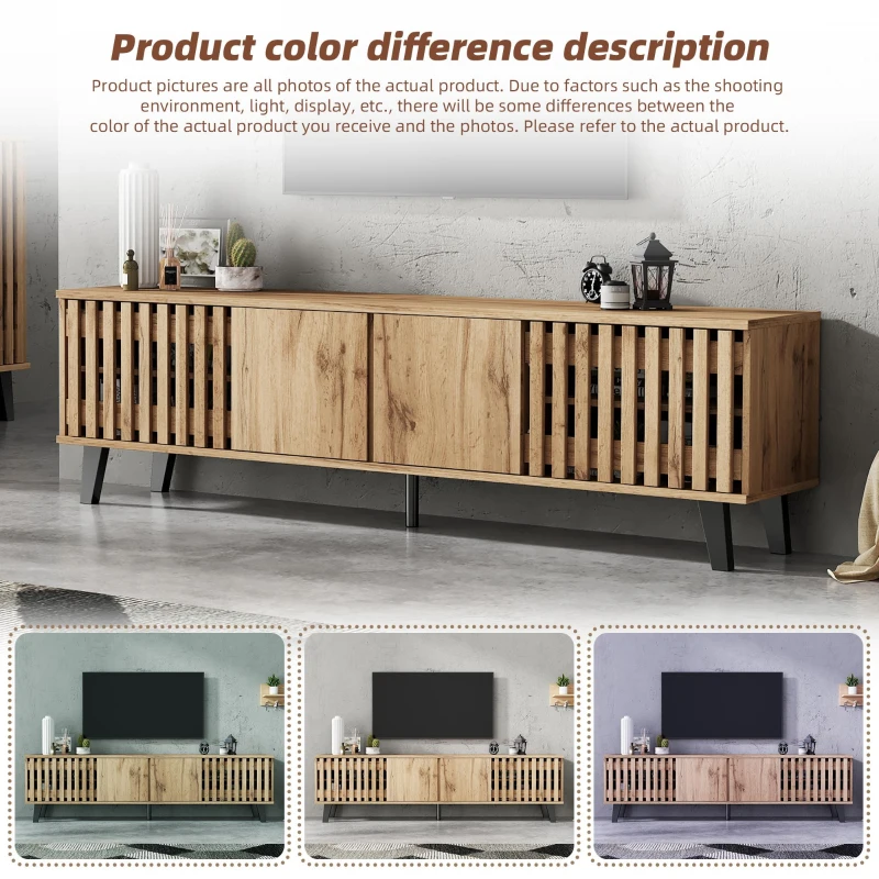 Modern Vintage TV Stand for 65-Inch TV with Perforated Side Doors, Spacious TV Cabinet with 8 Shelves, 39.5" L x 19.5" W x 17" H, Natural