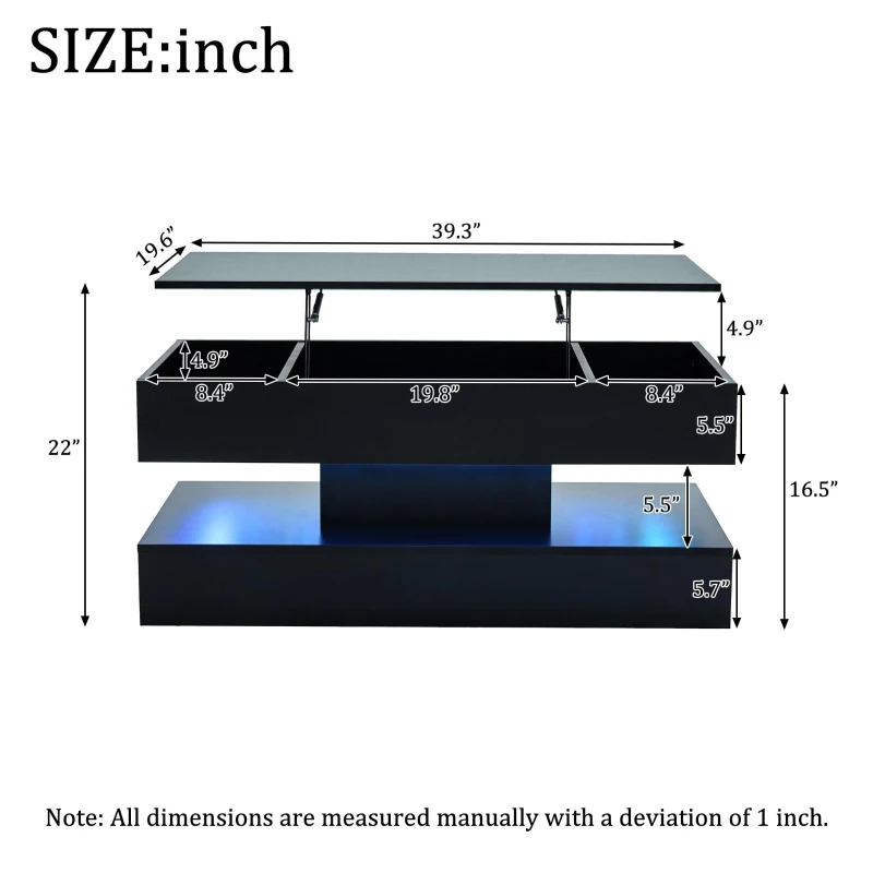 Modern Lift-Up Coffee Table with Bluetooth App-Controlled RGB Lights, Functional Center Table with Hidden Storage, 39.5" L x 19.5" W x 22" H, Black