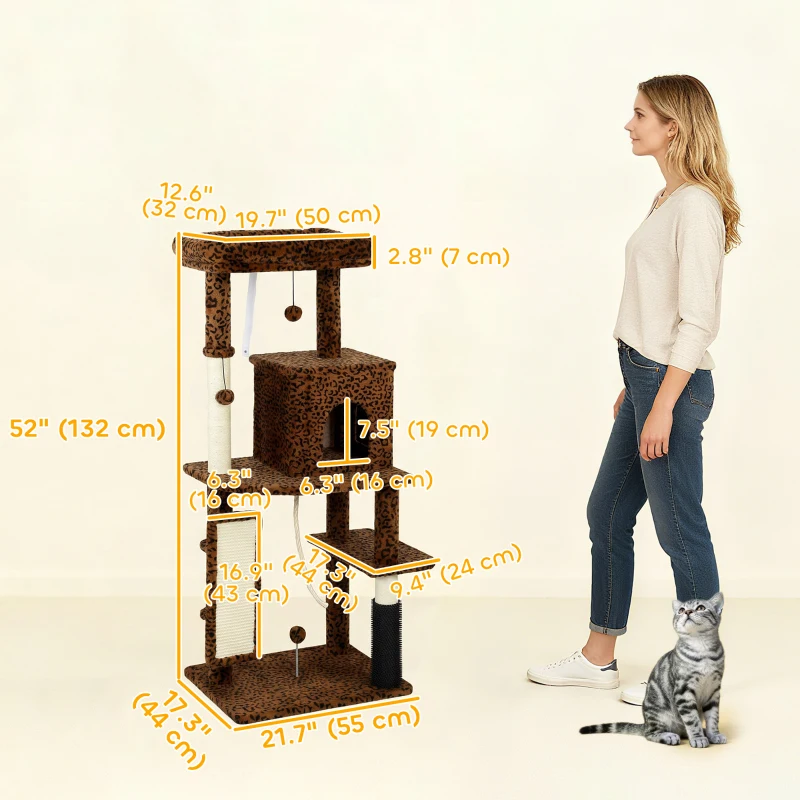PawHut 52 Inch Cat Tree with Scratching Posts, Cat Bed, Condo, Jumping Platforms, Toy Balls, Anti-tip Kit
