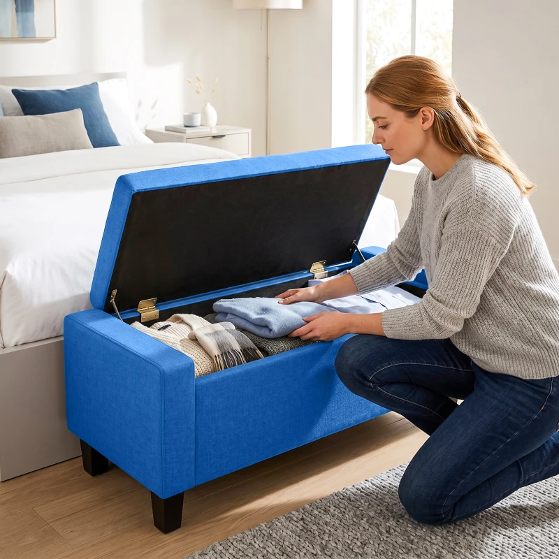 HOMCOM Storage Ottoman, Storage Bench with Wooden Legs, Tufted Armrests for Entryway, Living Room, Bedroom, 36.6", Blue