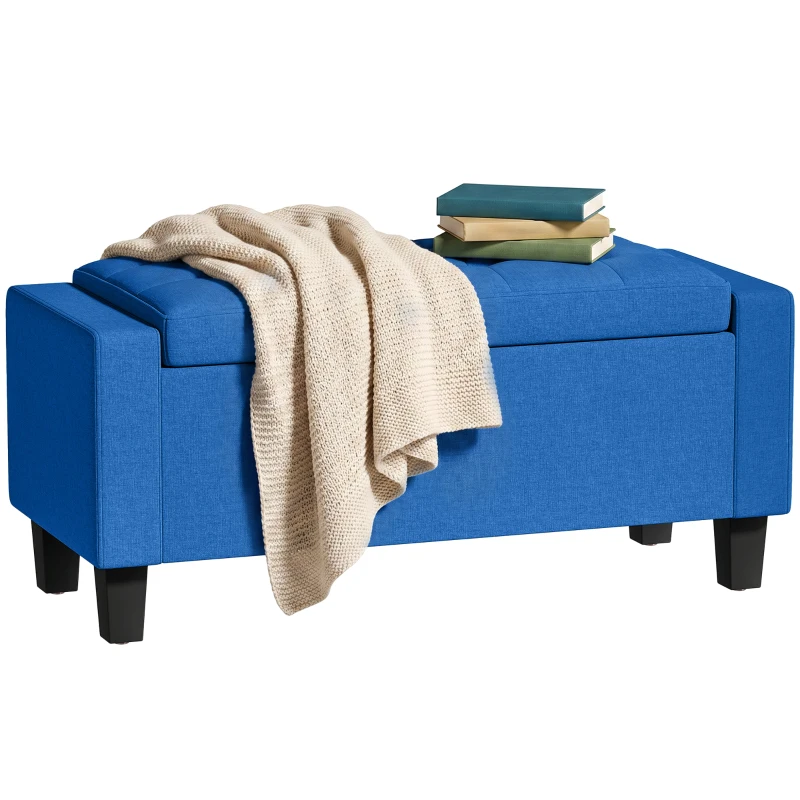 HOMCOM Storage Ottoman, Storage Bench with Wooden Legs, Tufted Armrests for Entryway, Living Room, Bedroom, 36.6", Blue