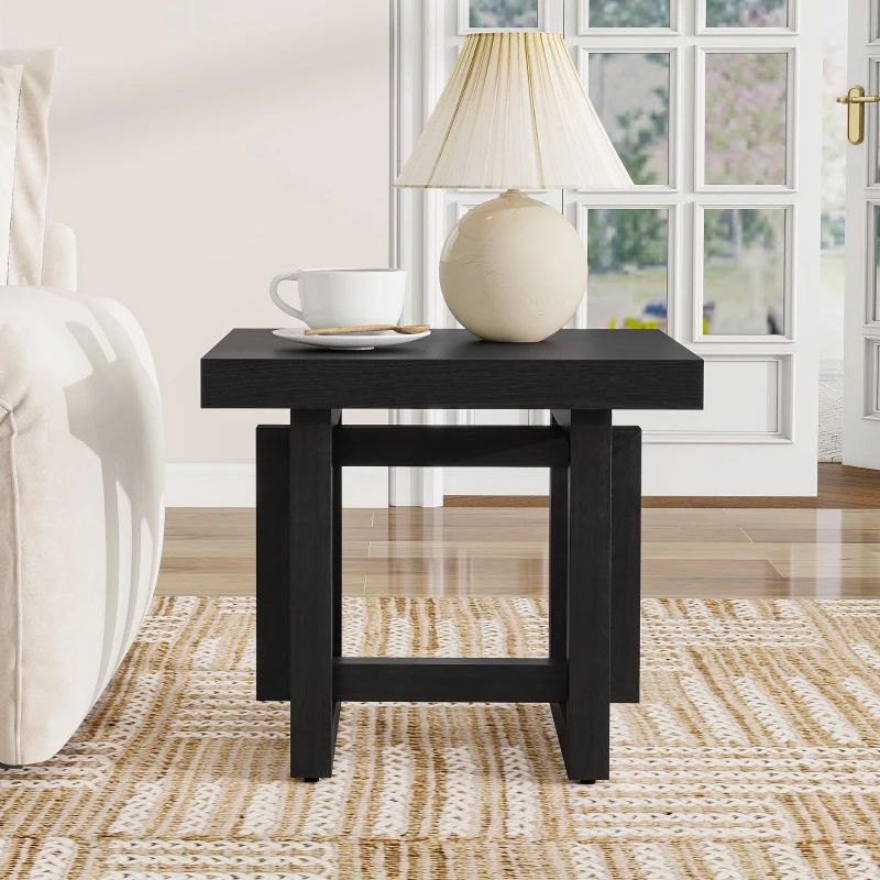 Solid Wood End Table with Non-Slip Feet and Compact Surface, Farmhouse Side Table for Small Spaces and Sofa Accent, 23.5'' L x 23.5'' W x 20.5'' H, Black