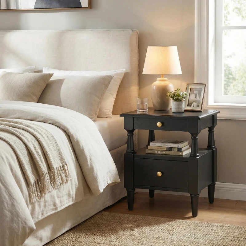 Set of 2 Black Wooden Nightstands with Drawers and Open Shelf, Textured Bedside Tables with Non-Slip Rubber Pads, 19'' L x 15'' W x 22.5'' H, Black