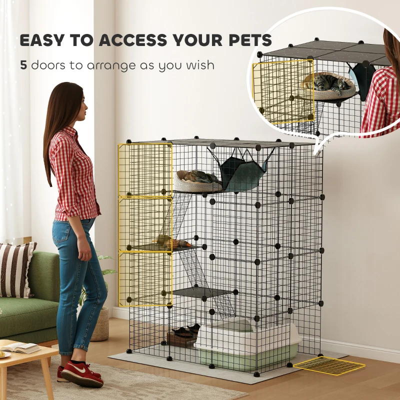 PawHut 4-Tier DIY Large Cat Cage with Hammock, Platforms, Ramps, Accessories for 1-3 Cats, Indoor Use, Black