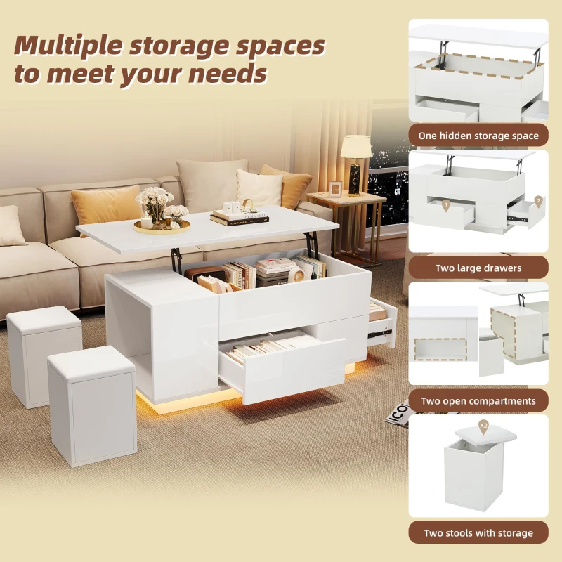 4-in-1 Coffee Table with Height-Adjustable Hydraulic Lift, Versatile Center Table with 2 Soft-Close Drawers, 39.5" L x 19.5" W x 23" H, White