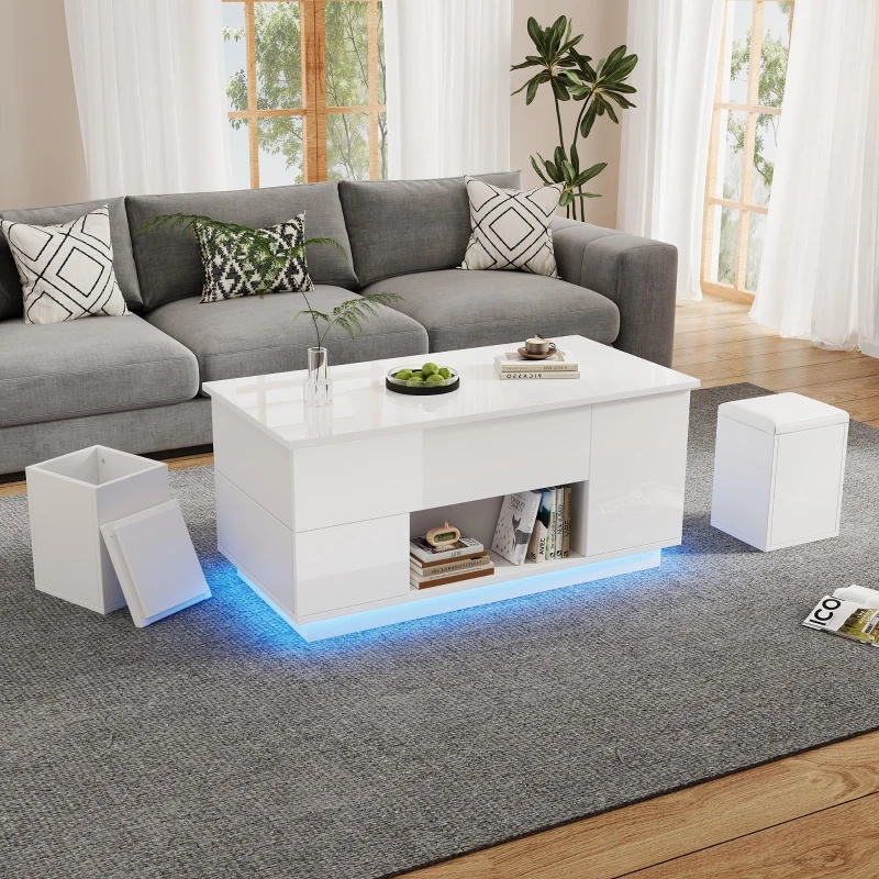 4-in-1 Coffee Table with Height-Adjustable Hydraulic Lift, Versatile Center Table with 2 Soft-Close Drawers, 39.5" L x 19.5" W x 23" H, White