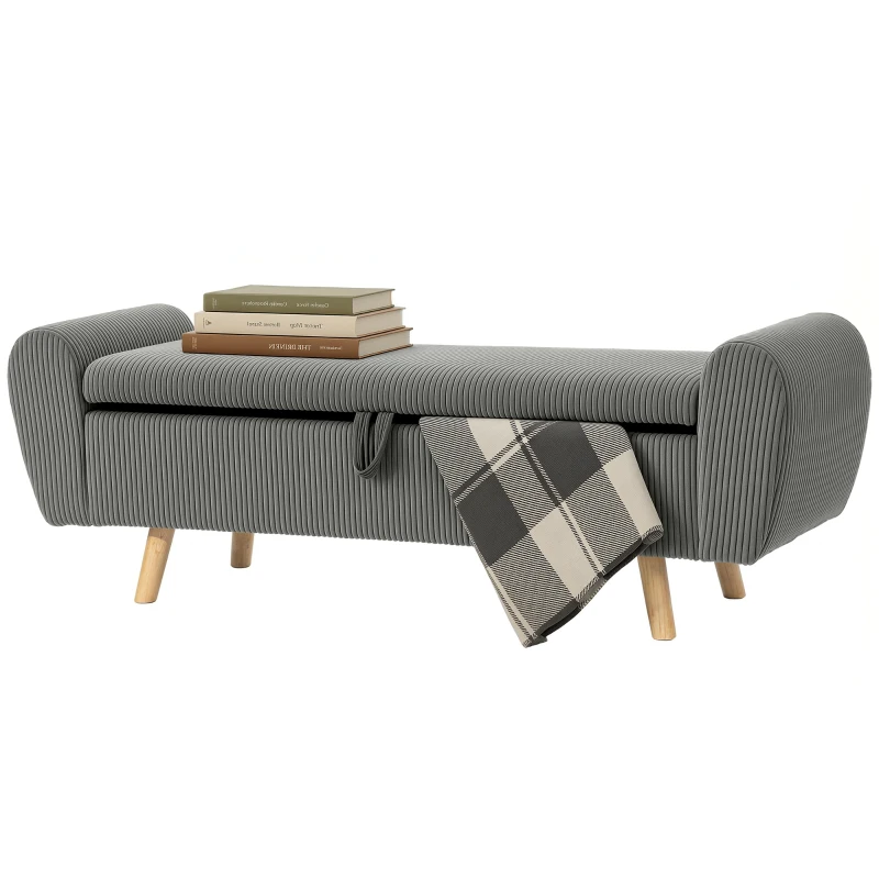 HOMCOM Storage Ottoman, 59" Corduroy End of Bed Storage Bench for King Size Bed with Wooden Legs and Rolled Arms, Dark Grey