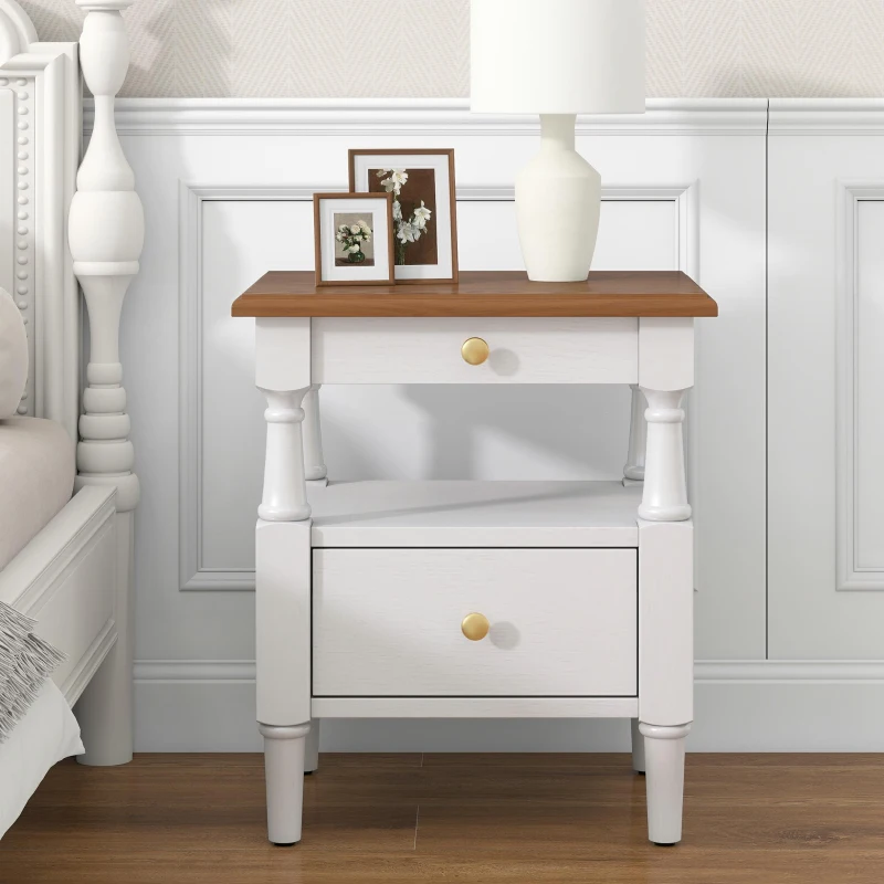 Set of 2 Modern Nightstand with Drawers and Open Shelves, Wooden Bedside Tables with Non‑Slip Rubber Feet, 19'' L x 15'' W x 22.5'' H, Milk White