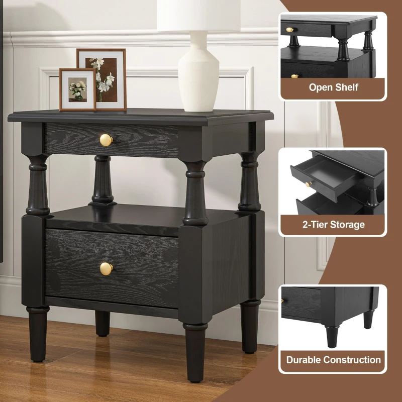 Wooden Nightstand with Drawers and Open Shelf, Natural-Textured Bedside Table with Non-Slip Feet, 19'' L x 15'' W x 22.5'' H, Black