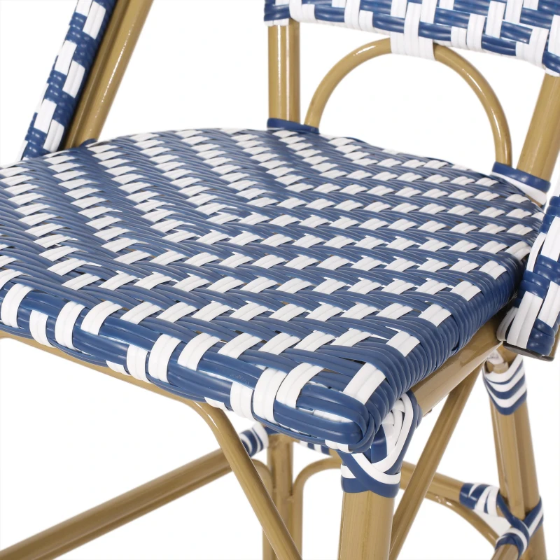 PE Rattan Counter Chairs with Rust‑Resistant Aluminium Frame, Set of 2 Outdoor Barstool with Bamboo‑Print Finish, 18'' L x 24.5'' W x 45.5'' H, White+Blue