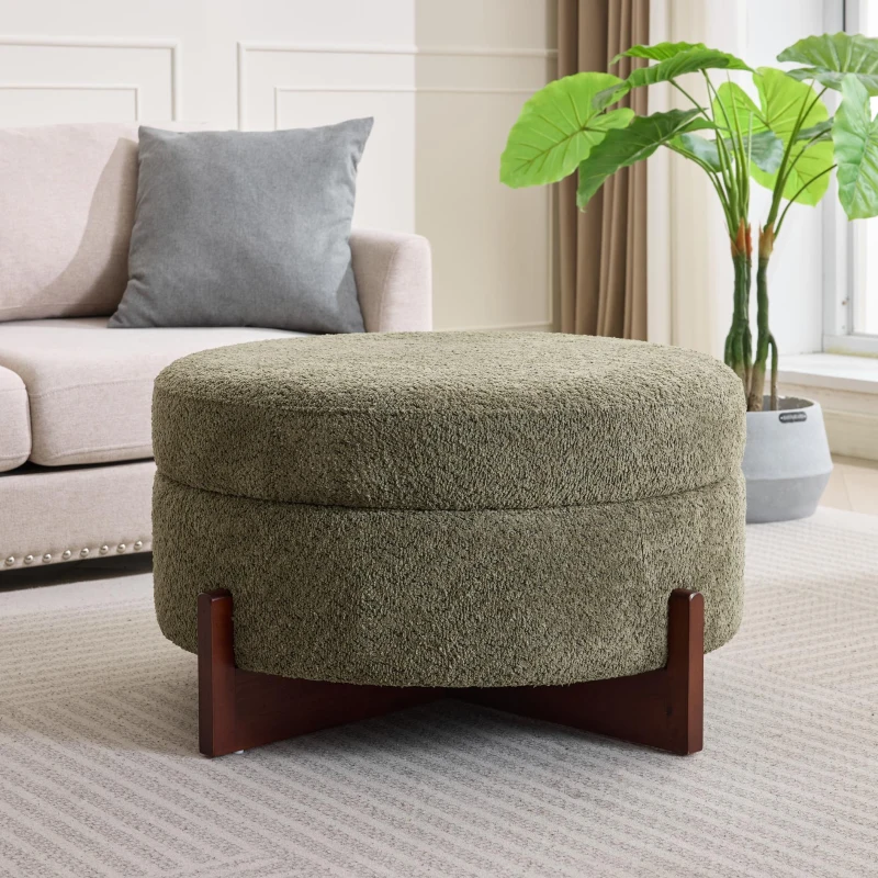 Round Storage Ottoman with Tufted Fabric Upholstery, Multi-Functional Coffee Table with Solid Wood Legs, 32'' L x 32'' W x 17.5'' H, Green