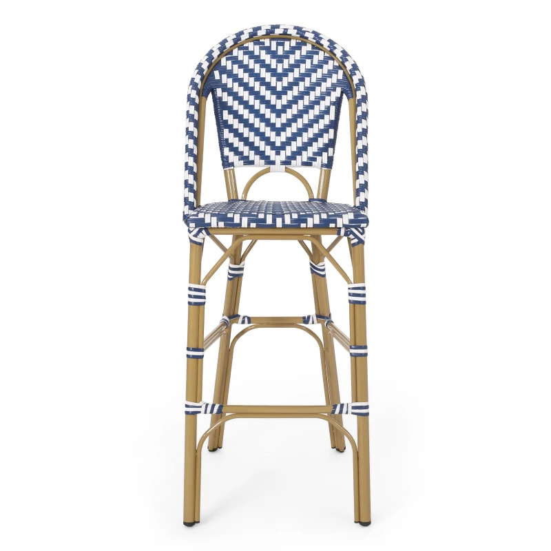 Set of 4 Outdoor Bar Stools with Rust‑Resistant Flat-Wicker construction, Rattan Bar Chairs with Aluminium Frame, 18'' L x 24.5'' W x 45'' H, White+Blue