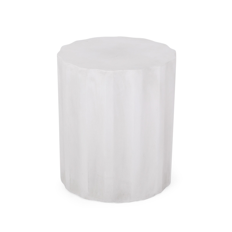 Outdoor Concrete Side Table with Subtly Fluted Cylindrical Base, Cylindrical Accent Table with Soft Wave Edge, 15.5'' L x 15.5'' W x 18'' H, Antique White