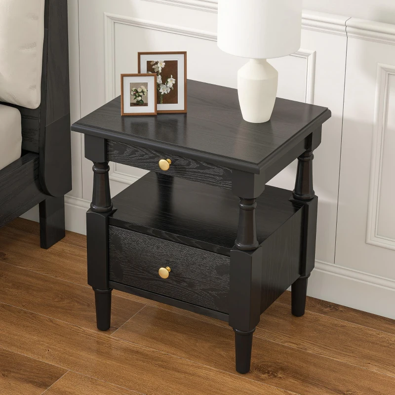 Wooden Nightstand with Drawers and Open Shelf, Natural-Textured Bedside Table with Non-Slip Feet, 19'' L x 15'' W x 22.5'' H, Black