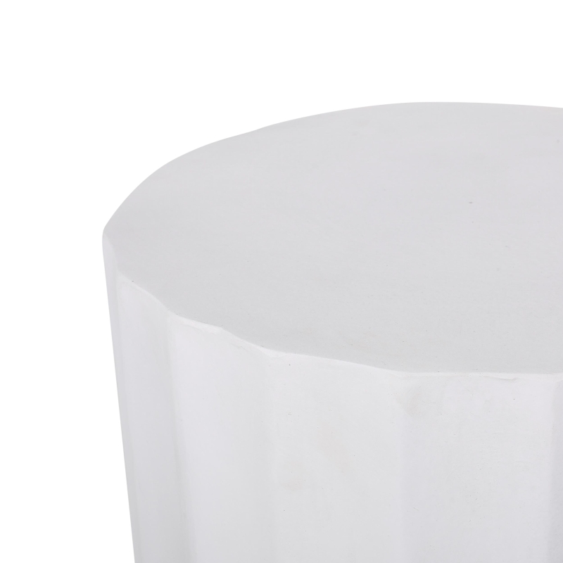 Outdoor Concrete Side Table with Subtly Fluted Cylindrical Base, Cylindrical Accent Table with Soft Wave Edge, 15'' L x 15'' W x 18'' H, Antique White