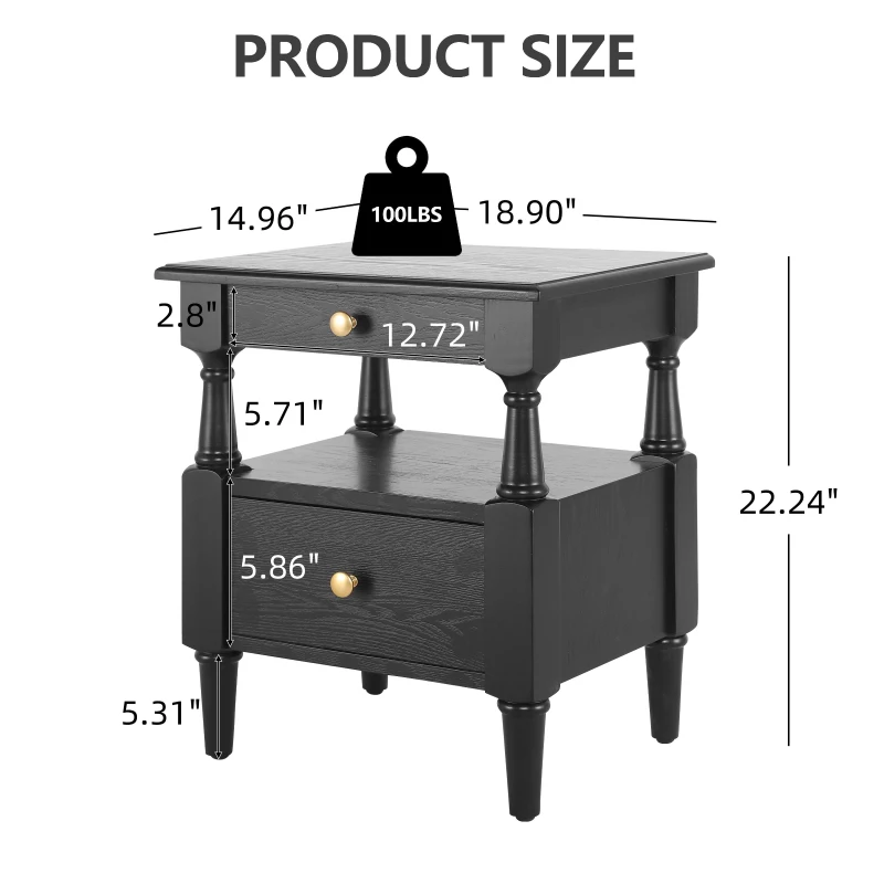 Set of 2 Black Wooden Nightstands with Drawers and Open Shelf, Textured Bedside Tables with Non-Slip Rubber Pads, 19'' L x 15'' W x 22.5'' H, Black
