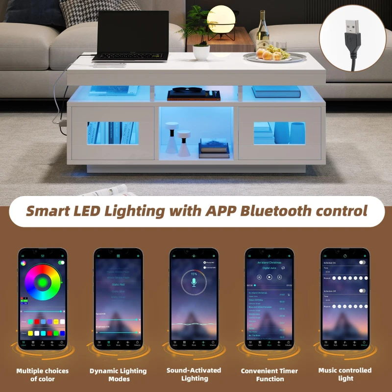 High Gloss Coffee Table with App-Controlled LED Light Strip, Functional Center Table with 2 Soft-Close Acrylic Cabinets, 39.5" L x 19.5" W x 17" H, White