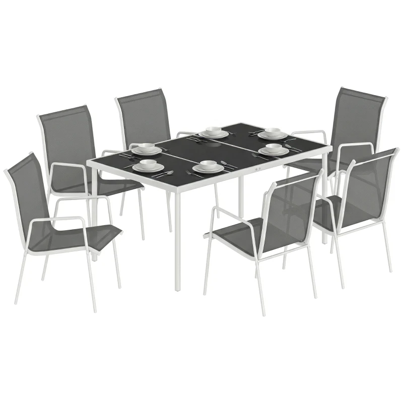 Outsunny 7 Piece Garden Dining Set, Garden Furniture Set with Rectangle Table and 6 Stackable Chairs