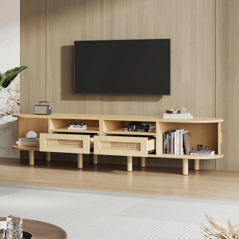 Modern TV Stand with 2 Rattan Drawers and 2 Sliding Doors, Rounded-Corner TV Cabinet with Centre Rattan Panel, 65" L x 15.5" W x 15.5" H, Natural
