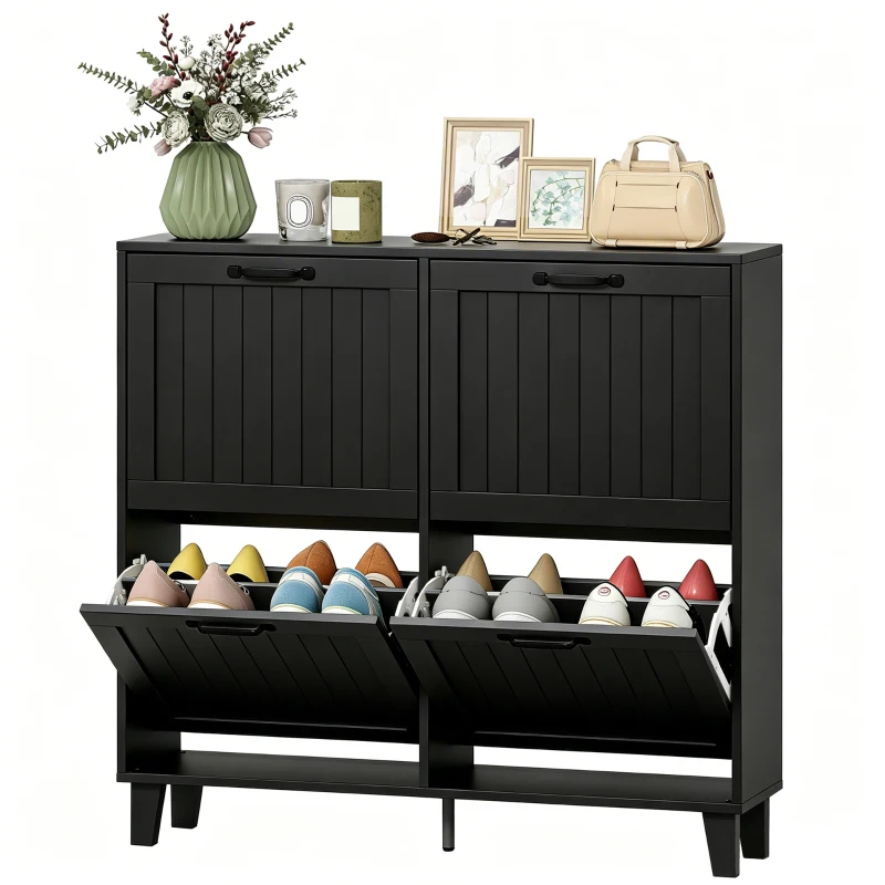 HOMCOM Shoe Cabinet with 4 Flip Drawers, Freestanding Narrow Shoe Storage Cabinet with Adjustable Shelves, Open Back, Black