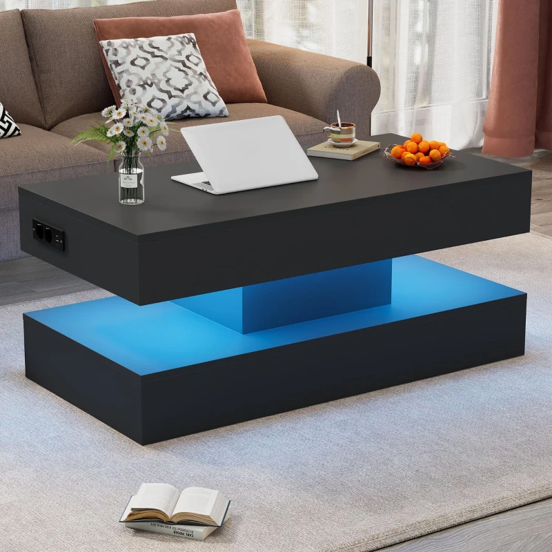 Modern Lift-Up Coffee Table with Bluetooth App-Controlled RGB Lights, Functional Center Table with Hidden Storage, 39.5" L x 19.5" W x 22" H, Black