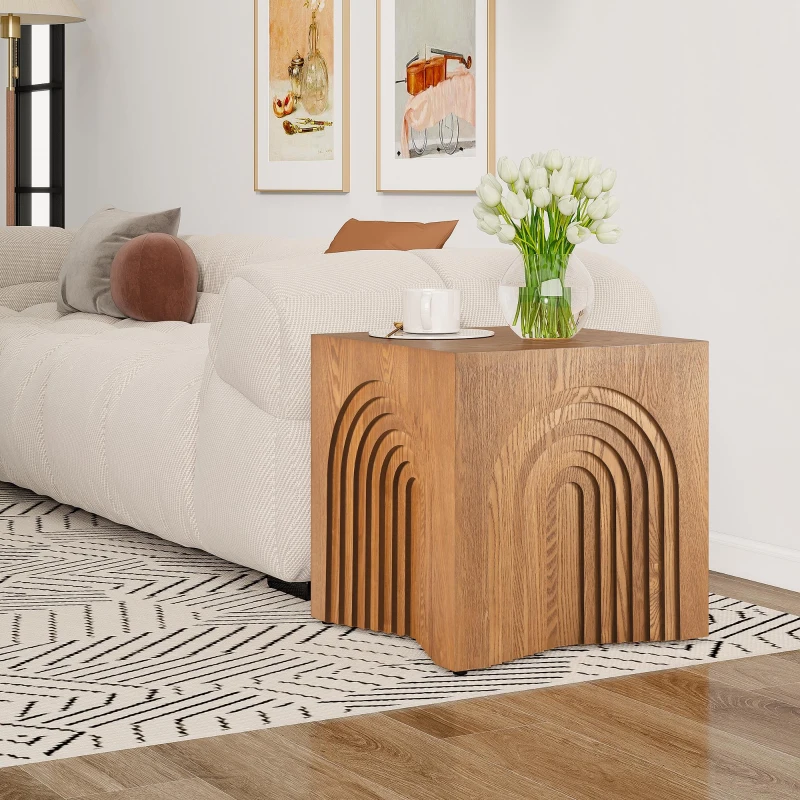 Farmhouse End Table with Rubber Floor-Protecting Pads, Accent Coffee Table for Living Room or Bedroom, 19'' L x 19'' W x 19'' H, Natural + Light Brown