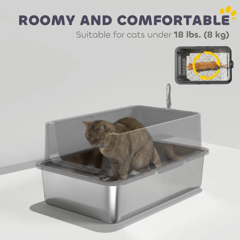 PawHut XL Stainless Steel Cat Litter Box for Big and Multiple Cats with High Wall Side, Scoop, Easy Cleaning & Odor Free