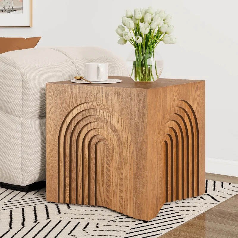 Farmhouse End Table with Rubber Floor-Protecting Pads, Accent Coffee Table for Living Room or Bedroom, 19'' L x 19'' W x 19'' H, Natural + Light Brown