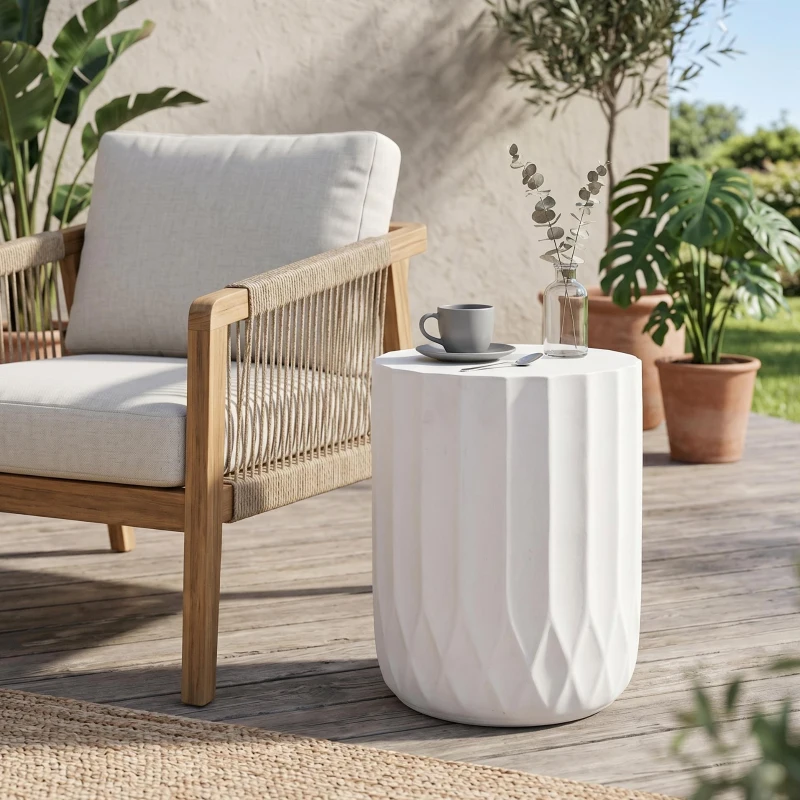 Outdoor Concrete Side Table with Subtly Fluted Cylindrical Base, Cylindrical Accent Table with Soft Wave Edge, 15'' L x 15'' W x 18'' H, Antique White