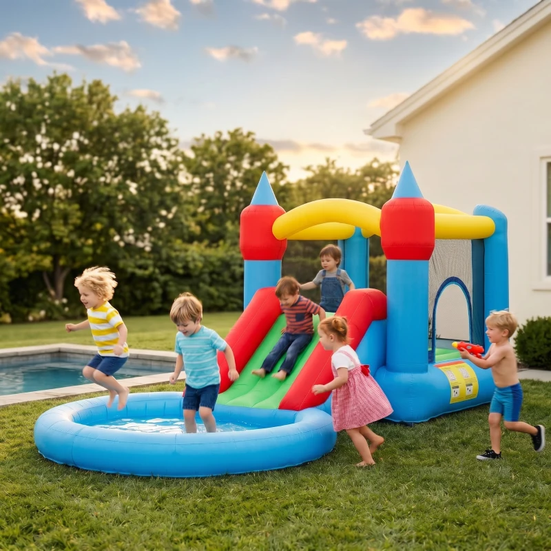 Qaba 4 in 1 Inflatable Bounce House with Slide, Basketball Hoop, Ball Pit, 370W Blower, Storage Bag, 163" x 81" x 75"