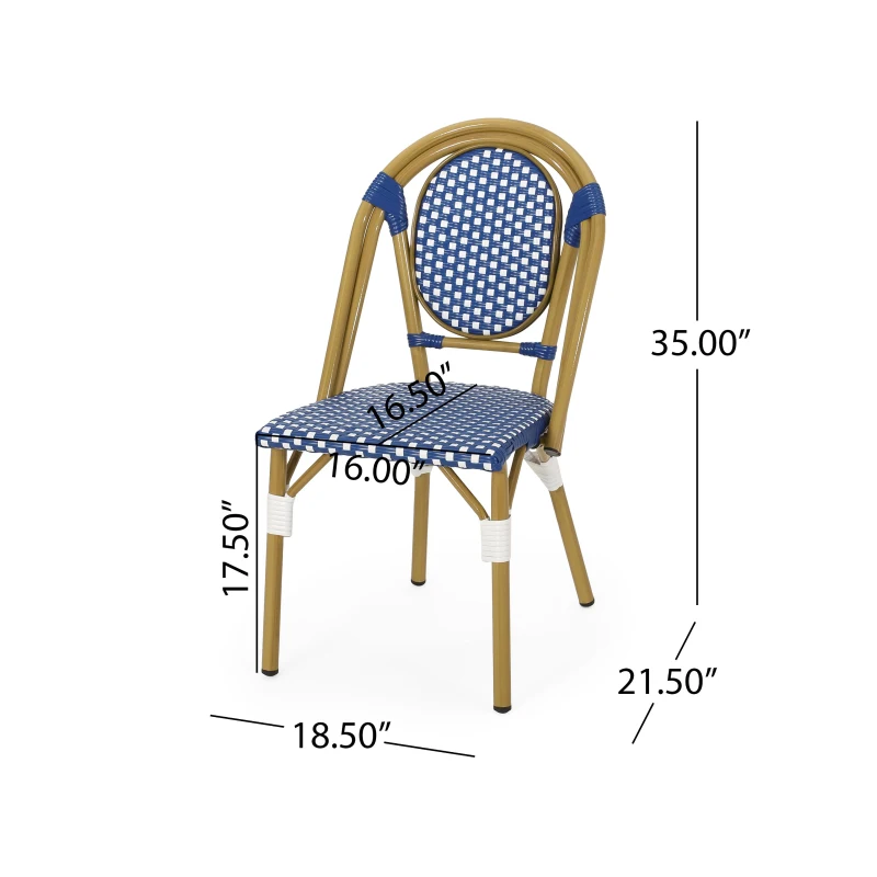 Outdoor Bistro Chairs with Rust-Resistant Aluminium Frame, Flat-Wicker Armless Seats with Polyethylene Rattan, 18.5'' L x 21.5'' W x 34.5'' H, White+Blue