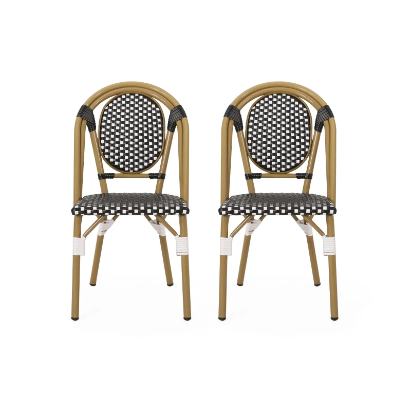 Weather-Resistant Dining Chairs with Lightweight Aluminum Frame, Set of 2 Bistro Chairs with Bamboo-Print Finish, 18.5'' L x 21.5'' W x 34.5'' H, White+Black