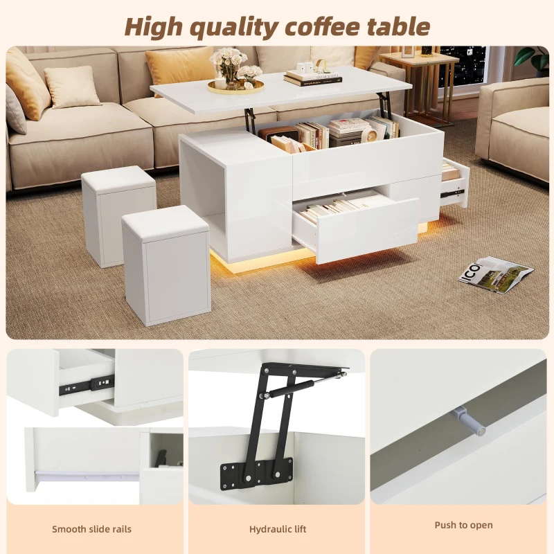 4-in-1 Coffee Table with Height-Adjustable Hydraulic Lift, Versatile Center Table with 2 Soft-Close Drawers, 39.5" L x 19.5" W x 23" H, White