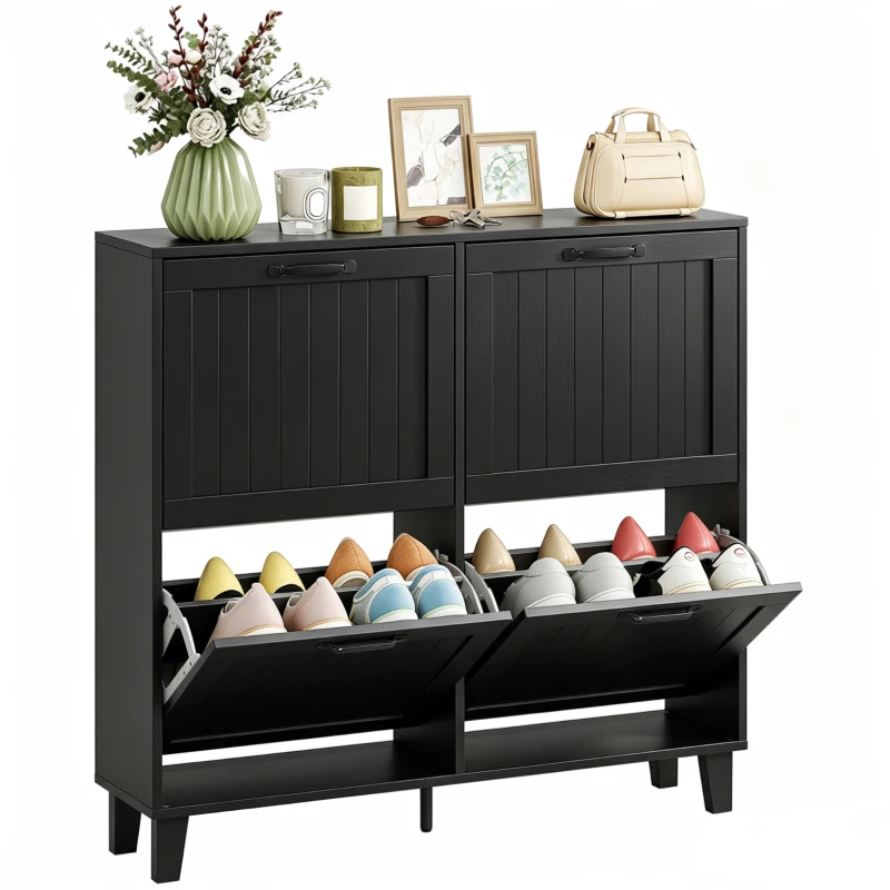 HOMCOM Shoe Cabinet with 4 Flip Drawers, Freestanding Narrow Shoe Storage Cabinet with Adjustable Shelves, Open Back, Black