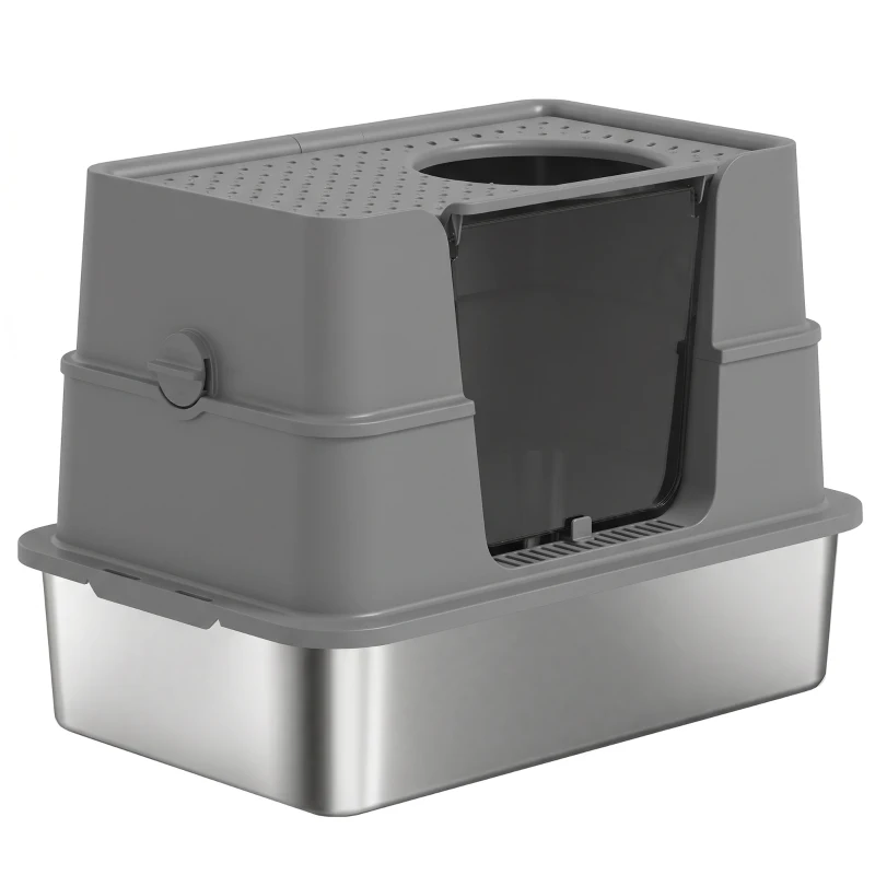 PawHut XL Stainless Steel Litter Box w/ 100° Flip Top, Scoop, Side Top Dual Entry, Odor Free, Easy Cleaning, Anti Leakage
