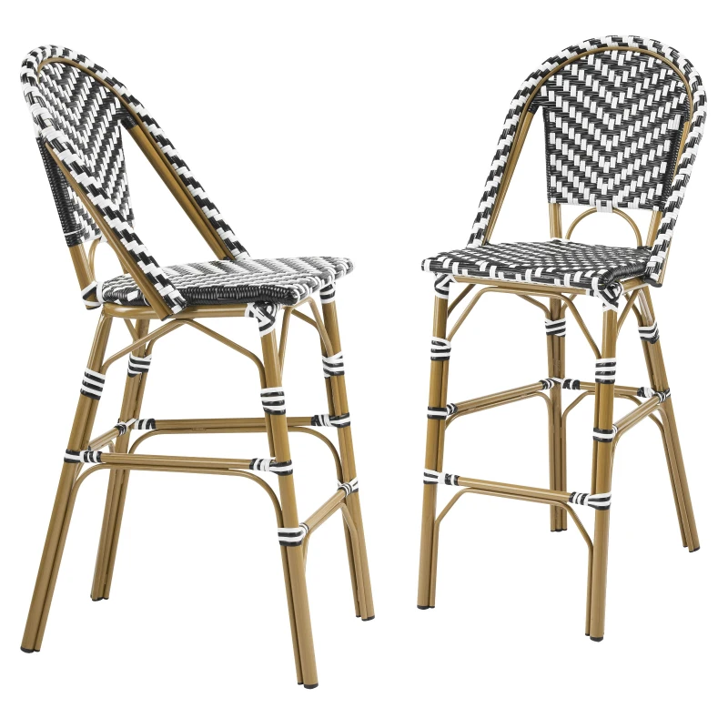PE Rattan Bar Stools with Rust-Resistant Aluminum Frame, Set of 2 Bar Chairs with Durable Woven Wicker, 18'' L x 24.5'' W x 45.5'' H, White+Black