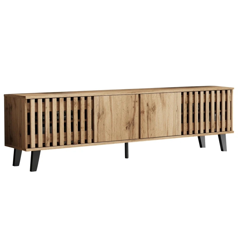 Modern Vintage TV Stand for 65-Inch TV with Perforated Side Doors, Spacious TV Cabinet with 8 Shelves, 39.5" L x 19.5" W x 17" H, Natural